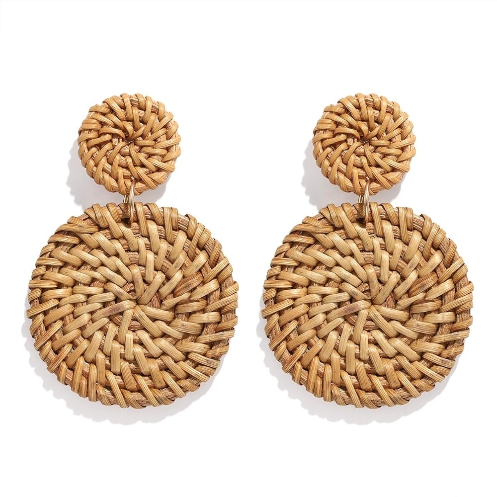 Woven Rattan Earrings - Natural Brown